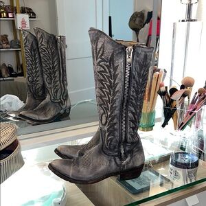 Gray Western Real Leather Cowboy Boots with Zipper